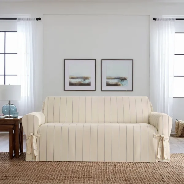 Box Cushion Sofa Slipcover Sure Fit Fabric: Natural/Blue Striped, Size: 40" H x 96" W x 39" D