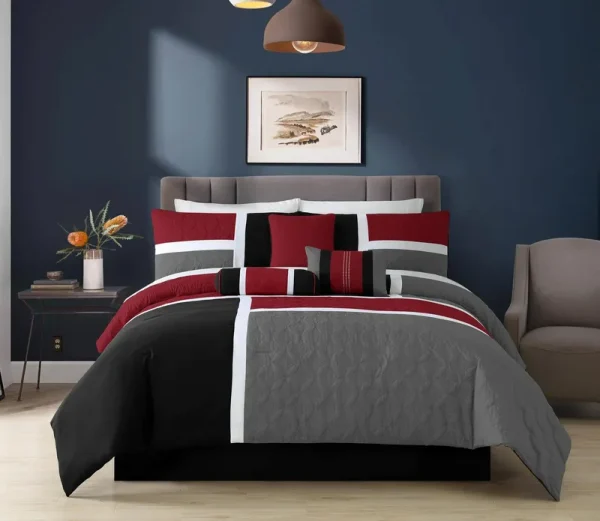 Chezmoi Collection 7-Piece Quilted Patchwork Comforter Set Red/Gray/Black Queen