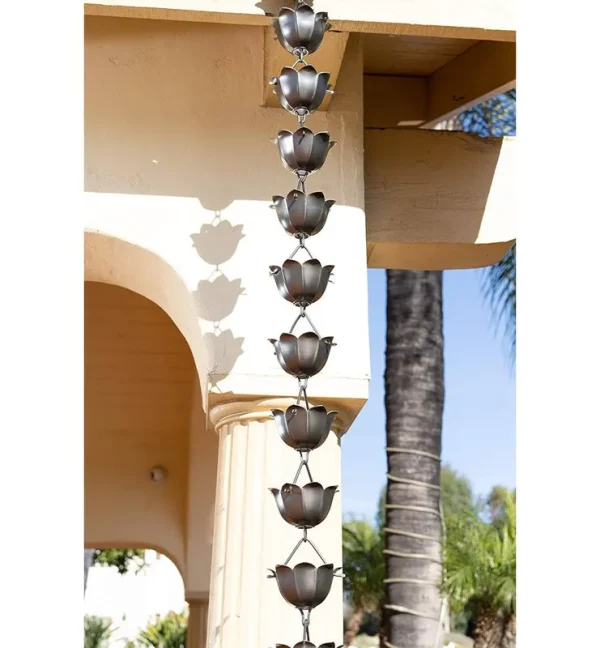 Monarch Rain Chains 18023 Aluminum Lotus Rain Chain 8-1/2-Feet Length Pewter