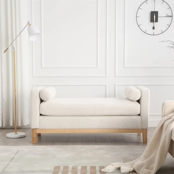 53.5"w Elegant Upholstered Bench with Wood Legs & Round Pillows, Comfy Boucle Fabric Footrest with Arms, Entryway Bench for End of Bed, Bedroom and Living Room, Ivory
