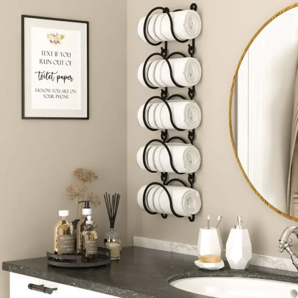 Wallniture Moduwine Wall Mount Rustic Home D��cor Towel Rack Wrought Iron Metal Bathroom Organizer Curved Finish Black Set of 5