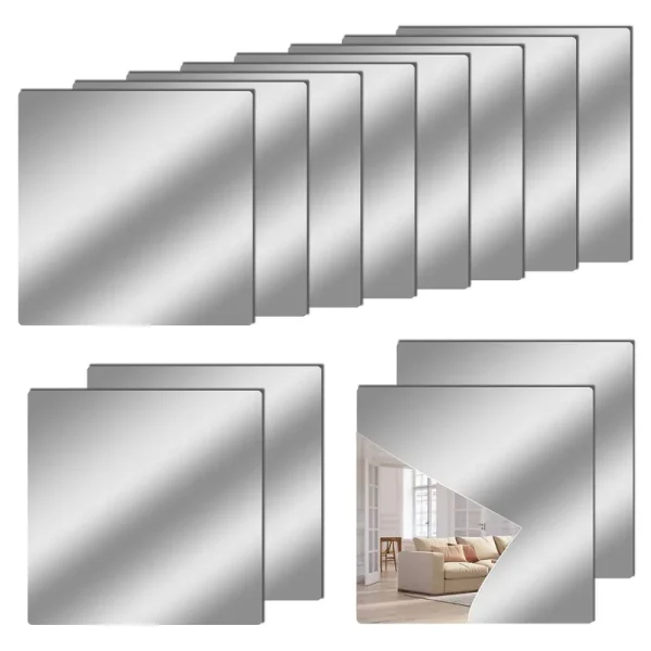 Chuangyinggo 12" x 12" Acrylic Flexible Mirror Sheets, 12 Pack Self Adhesive Mirror Tiles Square Cuttable Mirror Wall Stickers, Non-Glass Mirror