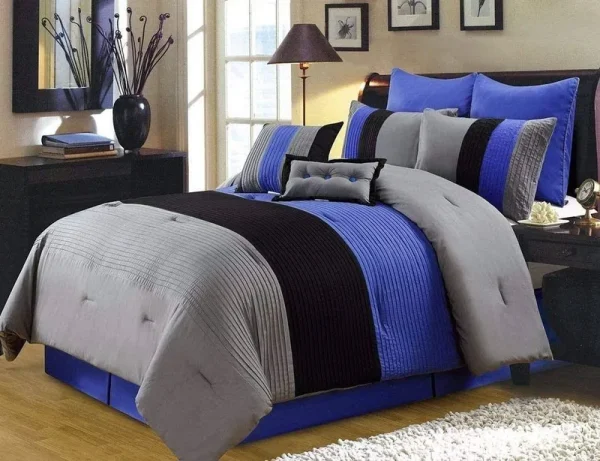 Chezmoi Collection Luxury Pleated Striped Comforter Set, King, Gray/Blue/Black, 8-Piece