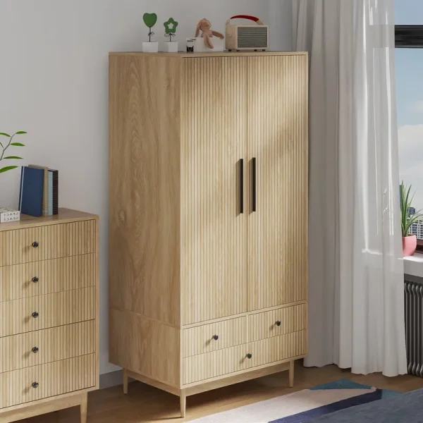 Oubayajia Wardrobe Armoire Closet, 2 Fluted Doors Wardrobe Cabinet with 3 - Drawer and Hanging Rod, Wood Wardrobe Storage for Bedroom