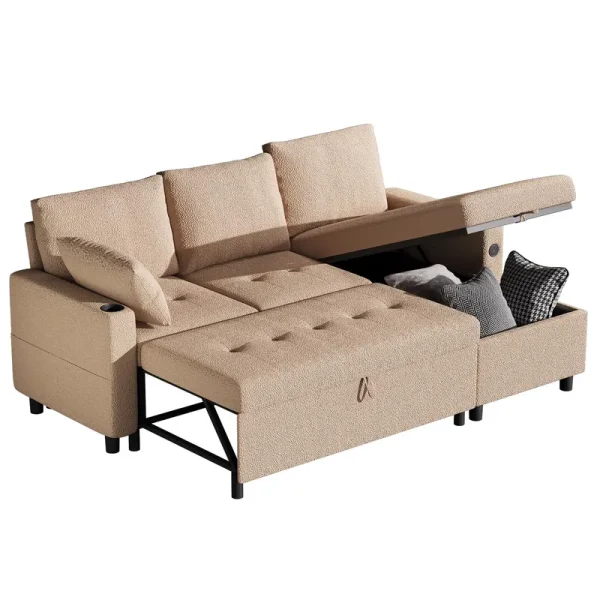 AECOJOY Sleeper Sofa Couch with Pullout Bed, Teddy Fleece, Tan