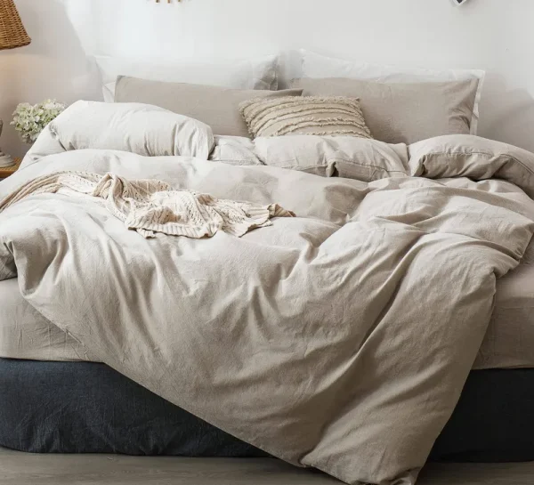 MooMee Bedding Duvet Cover Set 100% Washed Cotton Linen Like Textured Breathable Durable Soft Comfy (Tannish Linen Grey Queen)