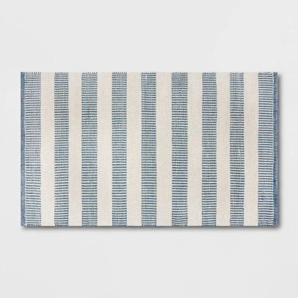 2'6"x4'2" Rectangular Hand Made Woven Outdoor Accent Rug Striped Ivory/Blue - Threshold Designed with Studio McGee