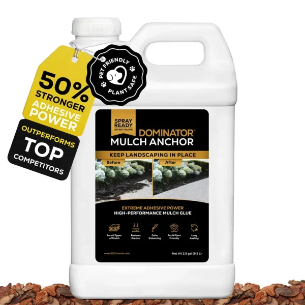 Dominator Mulch Anchor 2.5 Gallons - Mulch Glue and Pea Gravel Stabilizer, Ready to Use Spray, Lasts Up to 2 Years, Fast-Dry, Non-Toxic, Strong