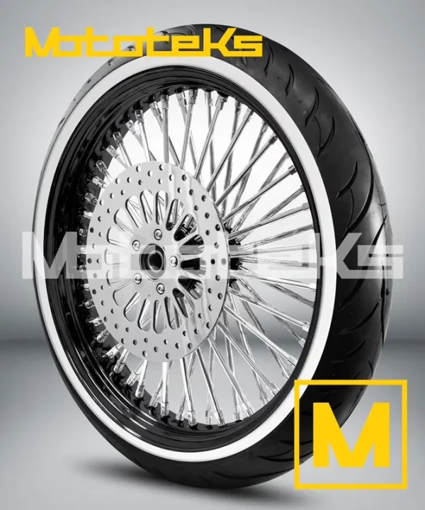 FAT SPOKE WHEEL 21X3.5 52 DNA HARLEY SOFTAIL MODEL STAINLESS STEEL USA BUILT/ 2007 - ABOVE / (W/ ABS) BLACK(RIM/HUB) & WHITE TIRE