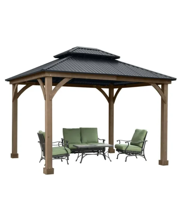 Aoodor Patio Solid Wooden Gazebo 11.1 x 9.5 ft. Hardtop Roof 2 Tier for Garden Grey. - Dark Grey