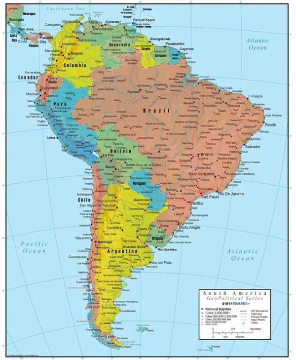 Swiftmaps South America Wall Map Geopolitical Edition by (36x44 Laminated)