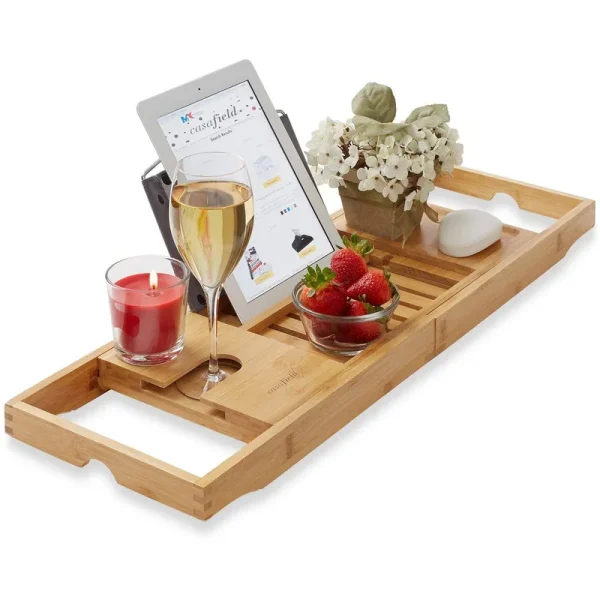 Casafield Bamboo Bathtub Caddy - Luxury Expandable Bath Tray - Adjustable Tub Organizer Holder for Tablet, Book, Phone, Wine Glass, Candles, and Soap