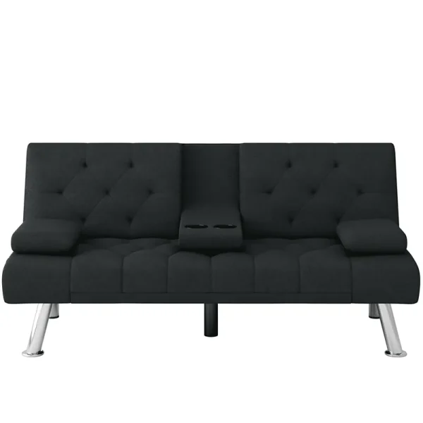 Homfa 66.3'' Upholstered Sofa Bed Couch, Convertible Futon Folding Sleeper Sofa with Removable Armrests and 2 Cupholders for Living Room, Black