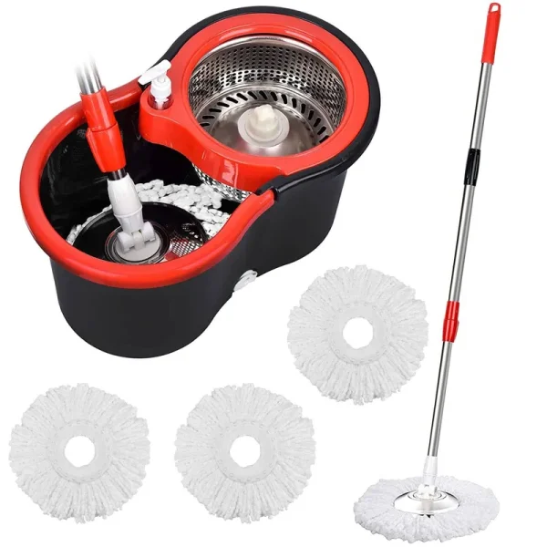 PULNDA Mop and Bucket Set, 360�� Spin Mop and Bucket with Wringer Set and 3 Microfiber Mop Refills, Stainless Steel 61" Extended Handle Spinning Mop