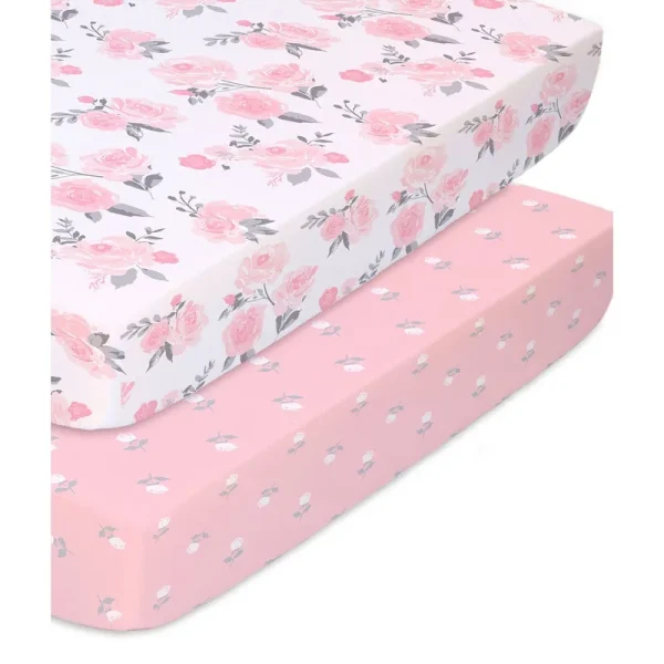 The Peanutshell Playard Sheets 2 Pack - Pink Floral & Roses