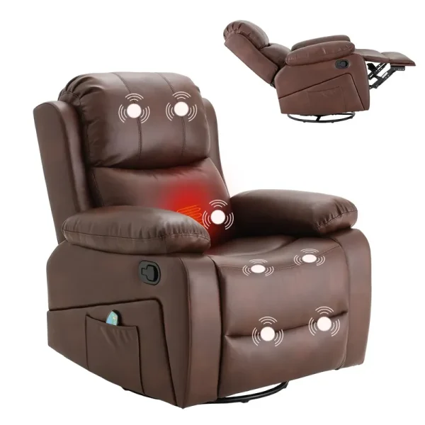 AECOJOY 360° Swivel Recliner Chair with Massage and Heat, Manual Reclining Leather Recliner Chair, Brown