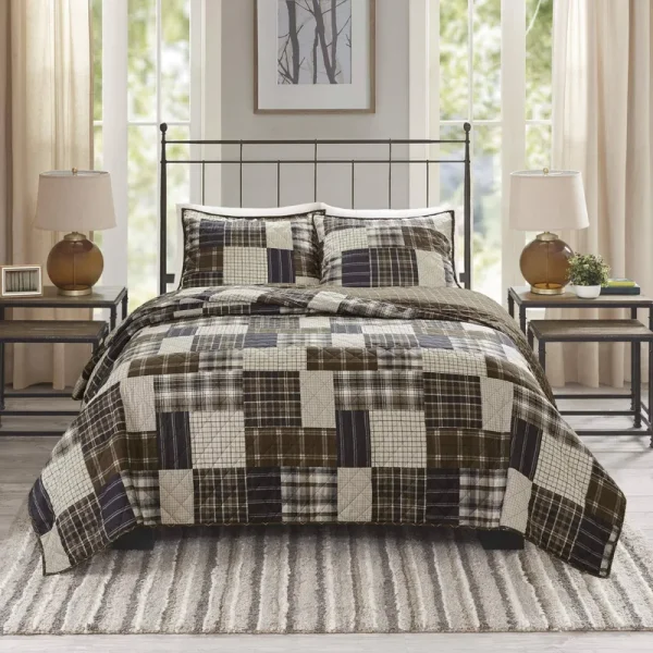 Madison Park - Timber 3 Piece Reversible Printed Coverlet Set - Black/Brown - King/Cal King