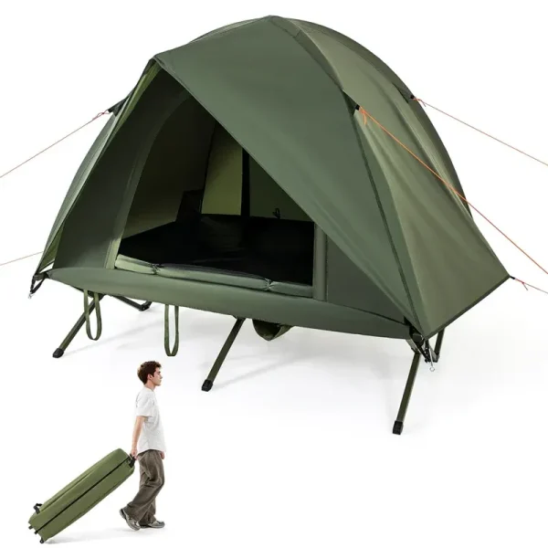 2-Person Camping Cot Tent Combo, Folding Off-Ground Elevated Cot Bed with Pop-up Shelter, Waterproof Rainfly & Wheeled Bag for Outdoor Hiking