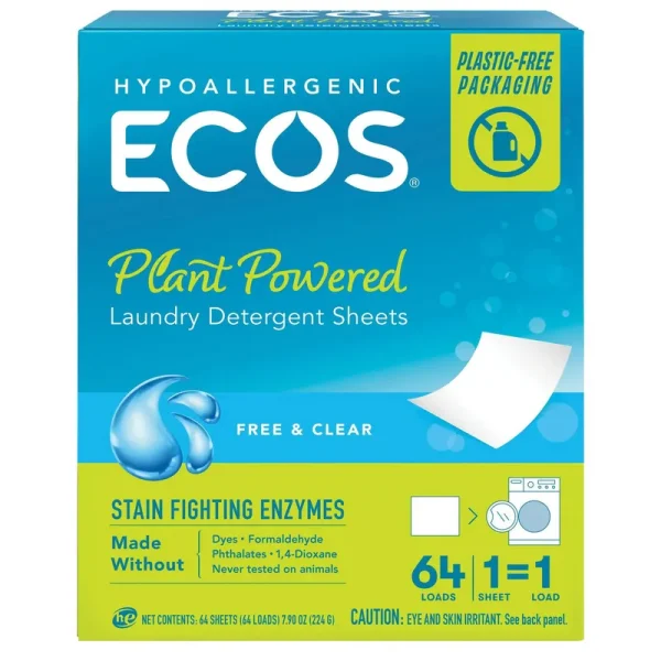 Ecos Laundry Detergent, Free & Clear, Plant Powered - 64 sheets, 7.90 oz