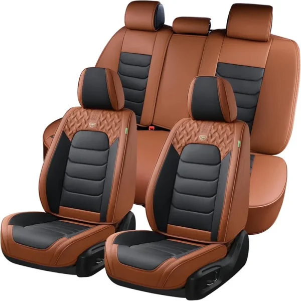 Florich Full Set Seat Covers, Waterproof Faux Leather Seat Protectors, Comfortable Auto Interior Cushions Fit for Most Cars SUV Trucks, Black&Brown