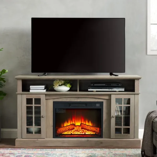 Sesslife Electric Fireplace TV Stand with Remote Control for 65 in TV, Farmhouse TV Console Table with Open Storage Shelves & 2 Cabinets, Wooden Media Entertainment Center for Living Room, Gray