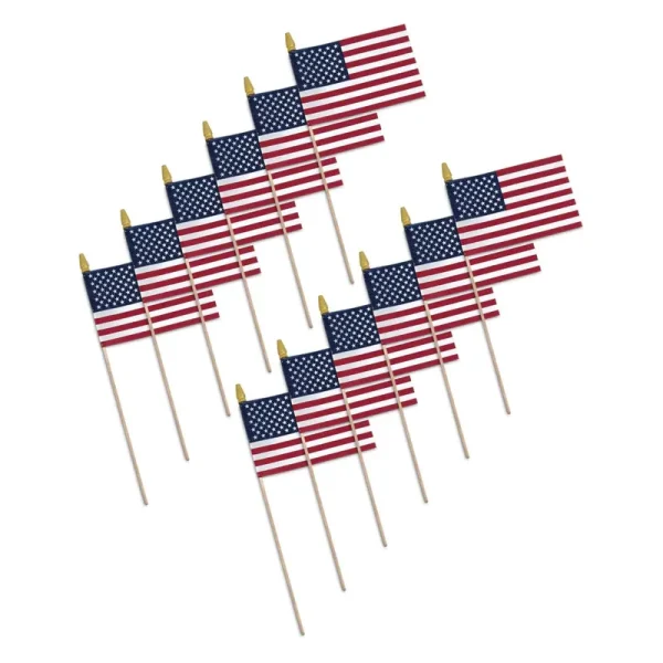 Super Tough 8"x12" Cotton US Stick Flag with 24" Wood Stick and Spear Tip - Cut Edges 12 Pack