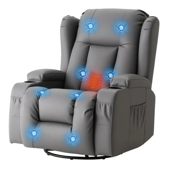 AECOJOY Recliner Chair with Massage and Heat, 360° Swivel Rocking, Grey