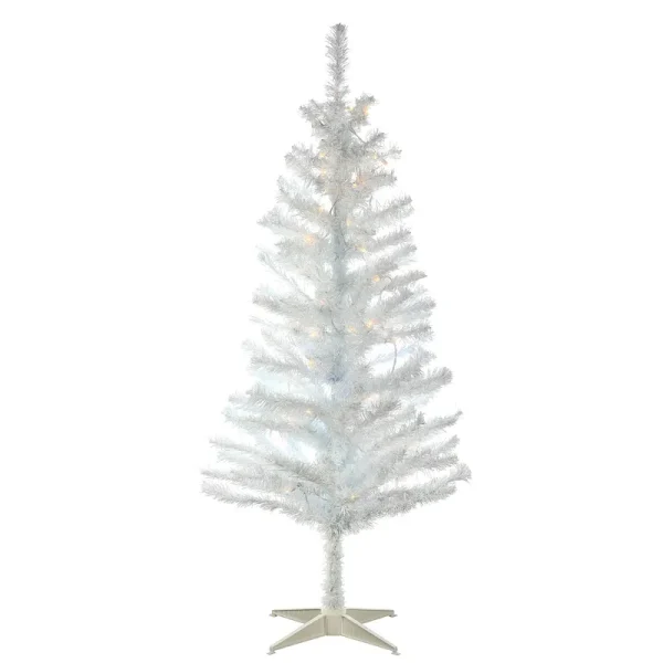 National Tree White Iridescent Tinsel Tree with Clear Lights 4'