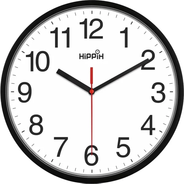 Hippih Black Wall Clock Silent Non Ticking Quality Quartz 10 inch Round Easy to Read for Home Office School Clock Red Second Hand
