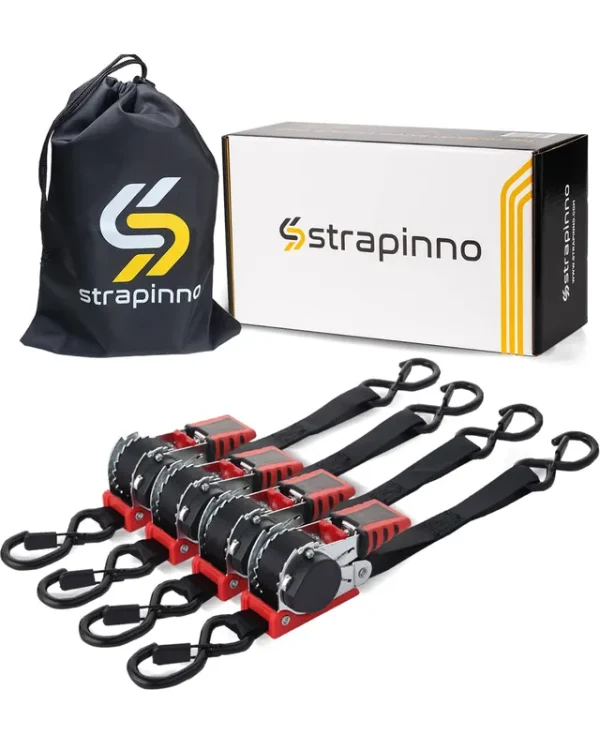 Strapinno Retractable Ratchet Straps 1 in x 10 ft Secure Tie-Downs with Rubber-Coated Steel Handles S-Hooks & Durable Hardware for Motorcycle Jets