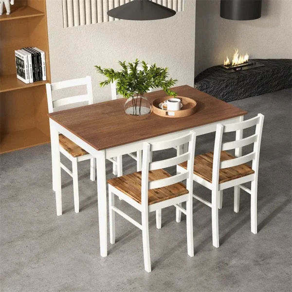 5-Piece Dining Table Set for 4, Wood Kitchen Table & 4 Chairs w/ Rubber Wood Legs, Mid-Century Modern Farmhouse Dinette Set for Small Spaces