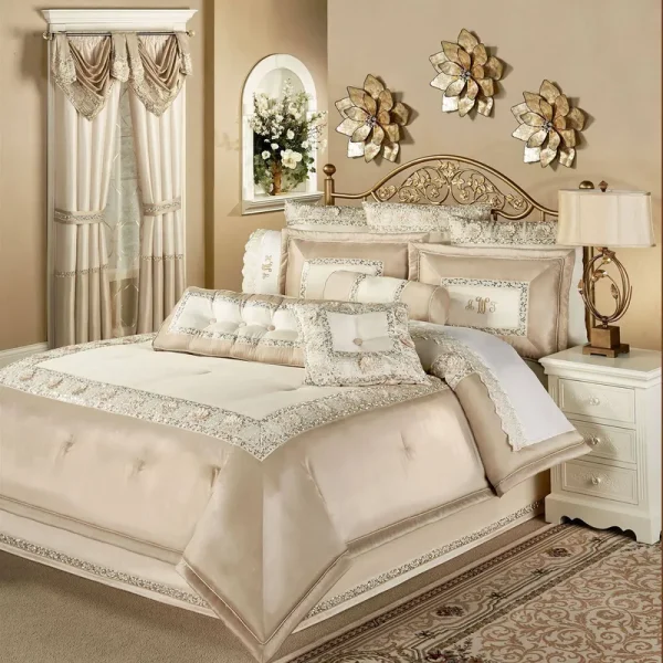 Touch of Class Elegante Faux Silk Luxury Sequined Comforter Set Light Cream Queen