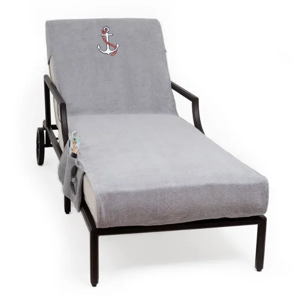 Linum Home Textiles Embroidered Anchor Standard Size Chaise Lounge Cover with Side Pockets, Grey, Cotton