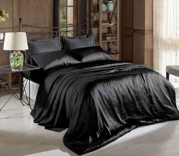 Hight Thread Count Solid Color Soft Silky Charmeuse Satin Luxury and Super Soft Bed Sheet Set (Black, King)