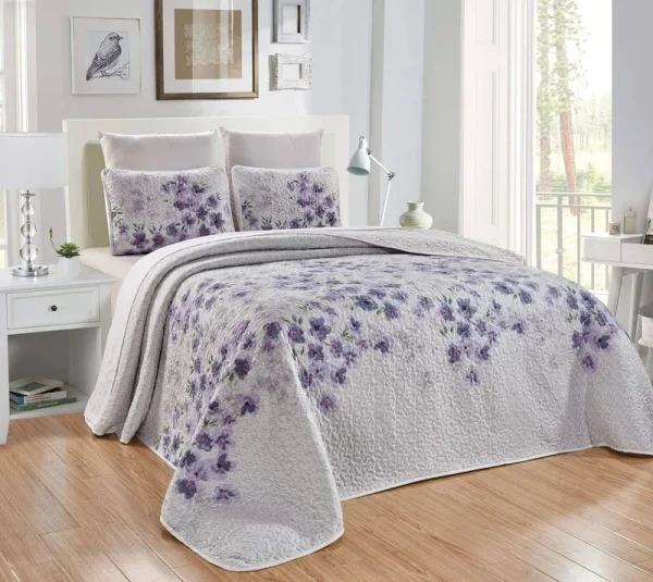 3-Piece Fine Printed Oversize (115" x 95") Quilt Set Reversible Bedspread Coverlet (California) Cal King Size Bed Cover (Purple, Grey, Sage Green,