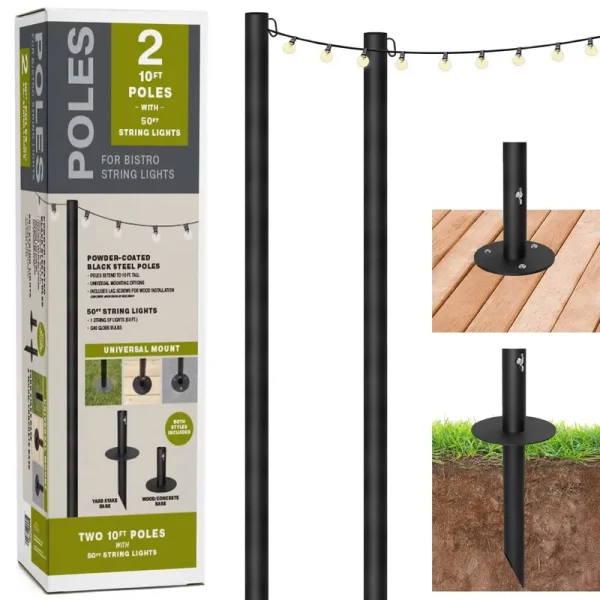 Excello Global Products Bistro String Light Poles - 2 Pack - Extends to 10 Feet - Universal Mounting Options Included with 50 Feet of G40 Lights - EGP