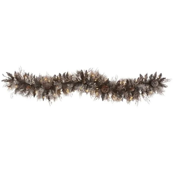 Nearly Natural 6' Flocked Artificial Christmas Garland with 50 White Warm LED Lights and Pine Cones