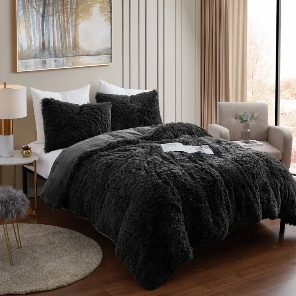 Shaggy Faux Fur 3-Piece Comforter Set Black / Queen
