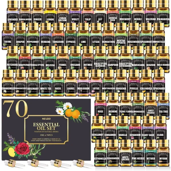 NESCCI 70 Pcs Essential Oil Set -100% Natural Essential Oils-Perfect for Diffuser, Humidifier, Aromatherapy, Massage,Soap, Candle Bath Bombs Making,