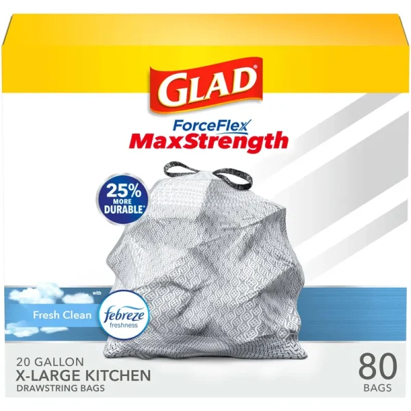 Glad ForceFlex Kitchen Pro Drawstring Trash Bags - Fresh Clean - 20 Gallon - 80 Count