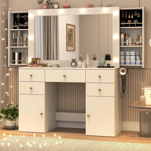 White Vanity Desk with Large Lighted Mirror & Power Outlet, Makeup Vanity Table with Glass Top & Drawers, Sliding Storage, 44.1" Large Makeup Vanity Table for Women Girls, White
