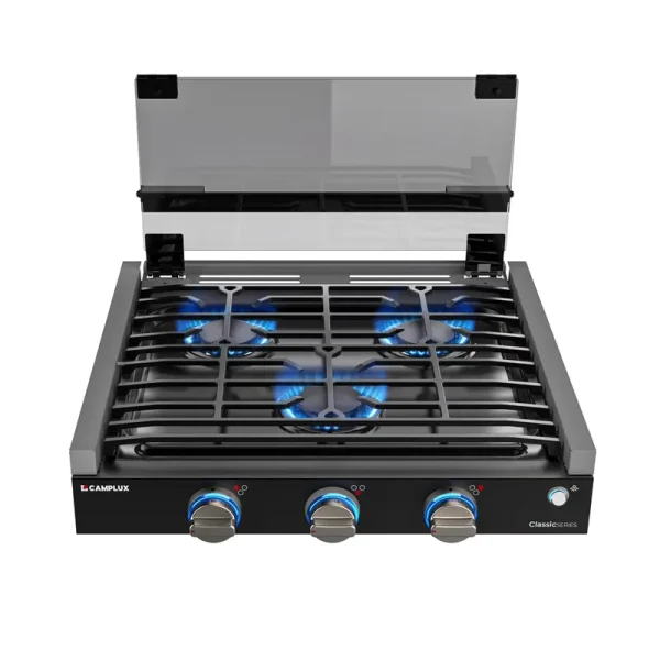 CAMPLUX RV Cooktop 3 Burners Slide - in, Outdoor Propane Cooktop Stove with Tempered Glass Cover, 21 in Gas Rangetop, 21, 000BTU, Black