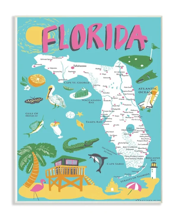 The Stupell Home Decor Collection Florida Teal Blue and Pink Illustrated scenic Map Poster Wall Plaque Art