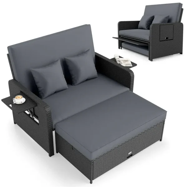 Patio Rattan Daybed Outdoor Wicker Loveseat Sofa with 4-Level Adjustable Backrest, Storage Ottoman, Retractable Tray & Cushions for Backyard