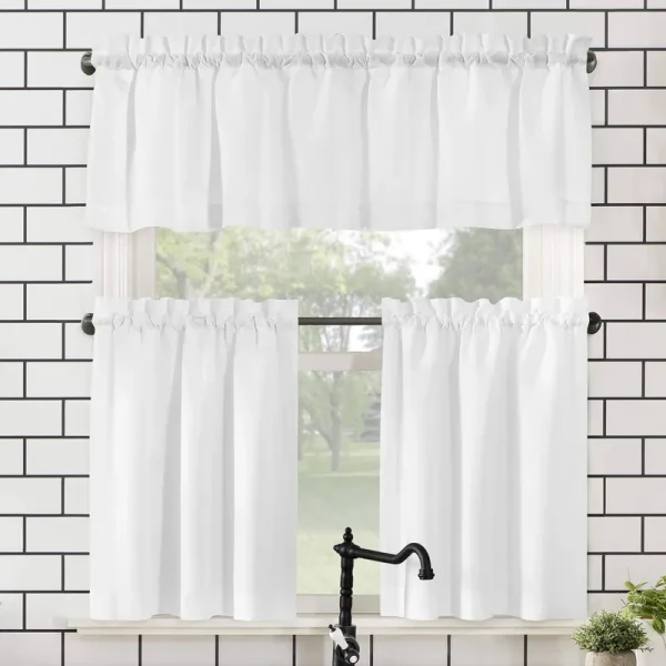 No. 918 Martine Microfiber Semi-Sheer Rod Pocket Kitchen Curtain Valance and Tiers Set - White - 54" x 24"