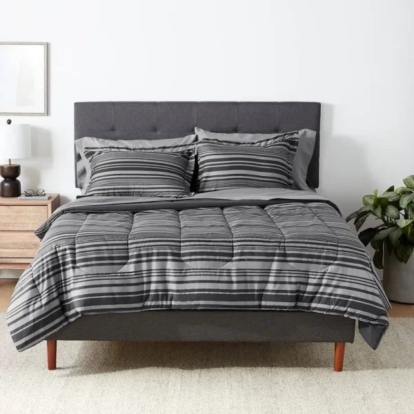 Amazon Basics Lightweight Microfiber Bed-in-a-Bag Comforter 7-Piece Bedding Set, Full/Queen, Gray Calvin Stripe, Striped