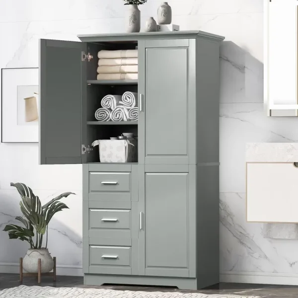 Bathroom Cabinet, 62.2" Tall Storage Cabinet with Doors and Shelves, Freestanding Linen Closet for Bathroom, Kitchen, Living Room, Grey