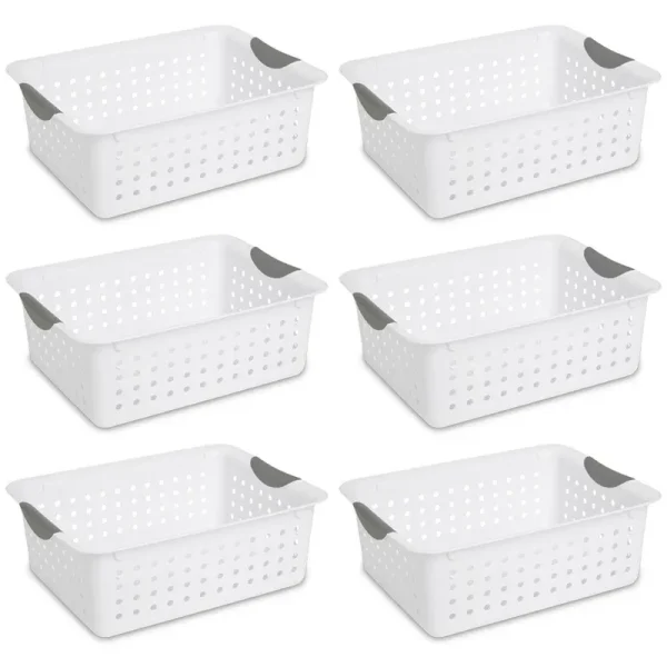 Sterilite Medium Ultra Plastic Storage Organizer Basket White 6 Pack 16248006