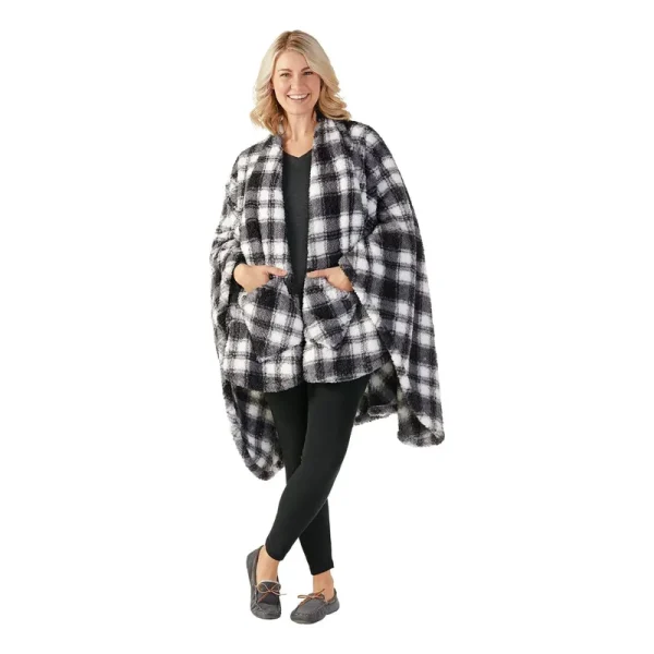White River Home Double-Sided Sherpa Wearable Throw - White/Black Plaid