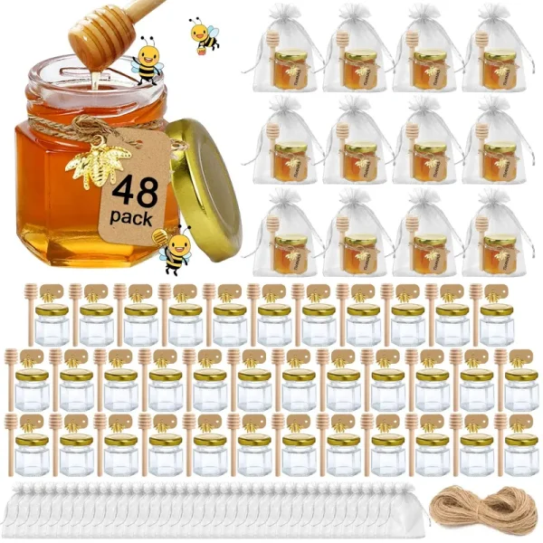 Aliggbent Honey Jars,48 Pack Mini Honey Jars Party Favors in Bulk, 15 oz Hexagon Small Glass Honey Jars with Dipper, Gold Lids, Cute Bee Pendants, Gif